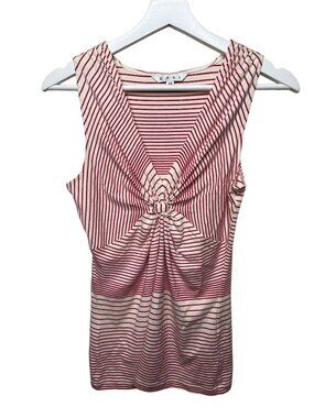 Cabi Womens XS Red Cream Stripe Sleeveless Ruched Twist Front Top